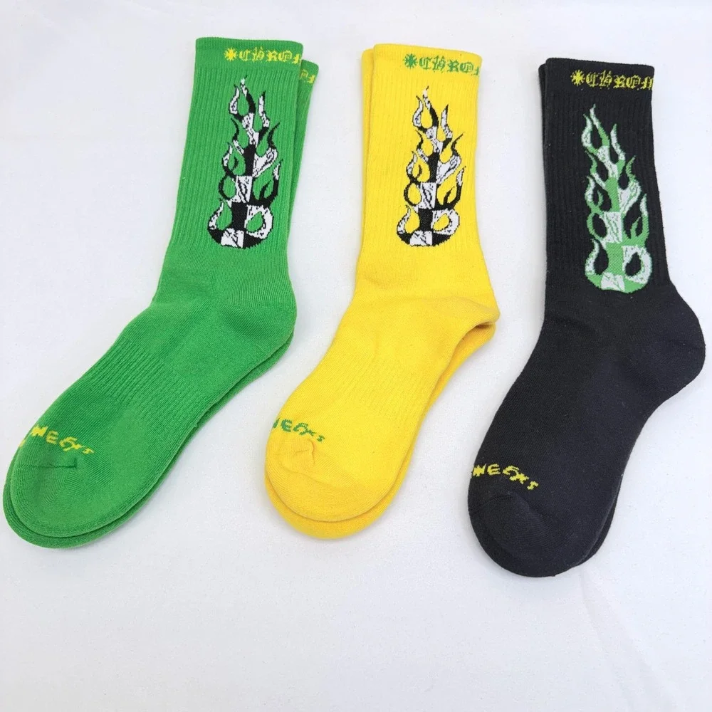 Chrome Hearts Matty Boy Chomper Flame Crew Socks 3-Pack 9-13 Green Yellow Black